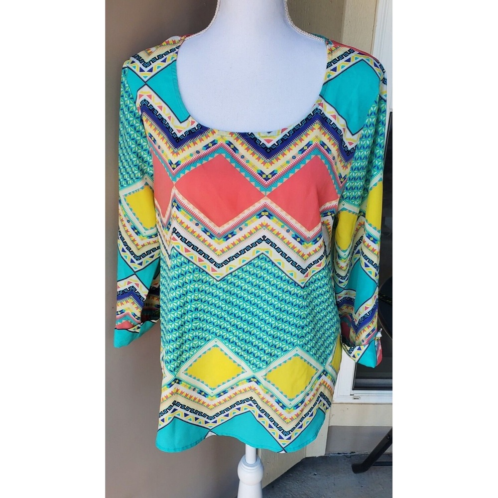 Wishful Park Blouse Womens Large Cyan Yellow Peach 3/4 Sleeve Casual Top Ladies